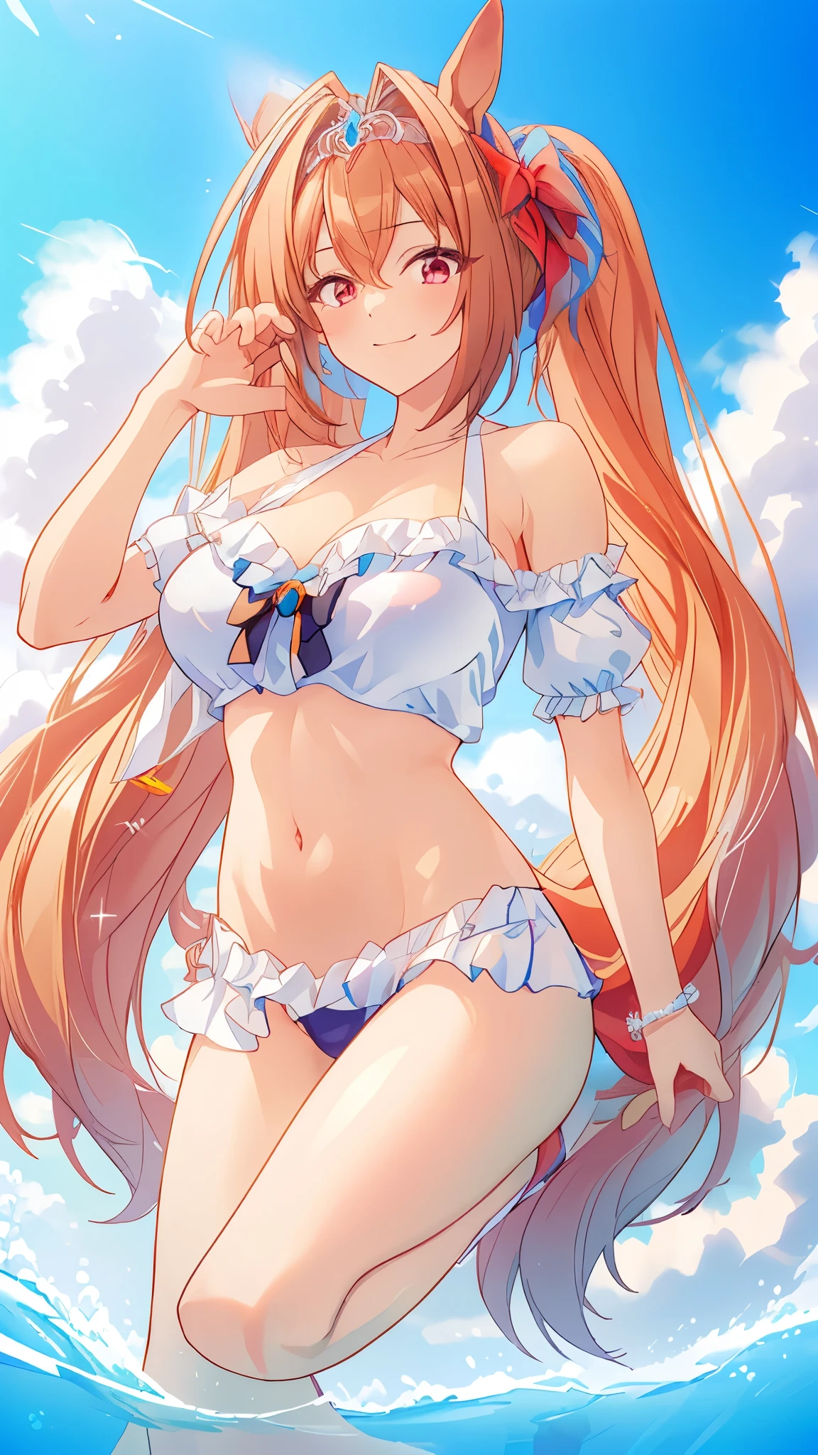 (((masterpiece, highest quality, High resolution, 超High resolution, Pixel perfect, Depth of written boundary, 4K, RTX, High resolution))), One girl, smile, Very large breasts, Brown Hair, Long Hair, Twin tails, (Red eyes:1), clavicle, belly button, 赤いbikini, bikini, bikiniスカート, Swimwear, Beach,(Sexy), Beach, Ocean, blue sky, View Viewer, {{Very delicate and beautiful}}, Highly detailed CG Unity 8k wallpaper, (Shiny Hair:1.2), (Shiny skin:1.5),