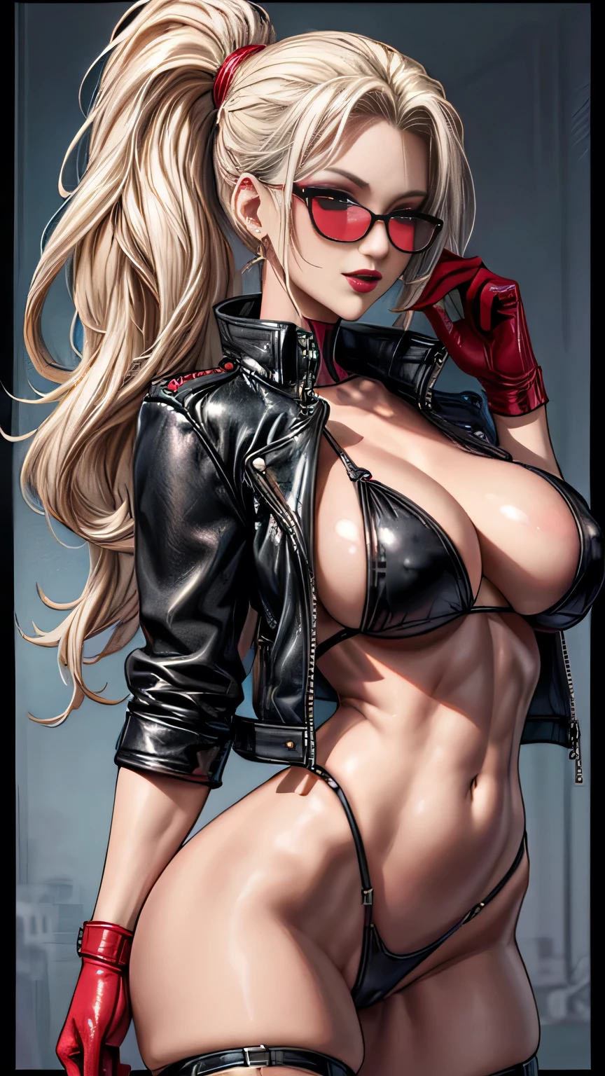 ((beautiful supermodel)) ((sunglasses)) ((seductive smile and actitud)) ((very dark eyeshadows makeup)) ((bright red lips)), ((long platinum blonde hair pony tail)) ((big breast:1.5)) ((skinny body:1.3)) ((wear black leather biker jacket)) ((red tiny thong bikini bottom)) ((fishnet stocking)) ((seductive supermodel pose for fashion photoshoot)) ((high definition:1.5) ((masterpiece:1.5))((8k:1.5)) ((Best quality:1.4)), more_details:-1, more_details:0, more_details:0.5, more_details:1, more_details:1.5, more prism, vibrant color,