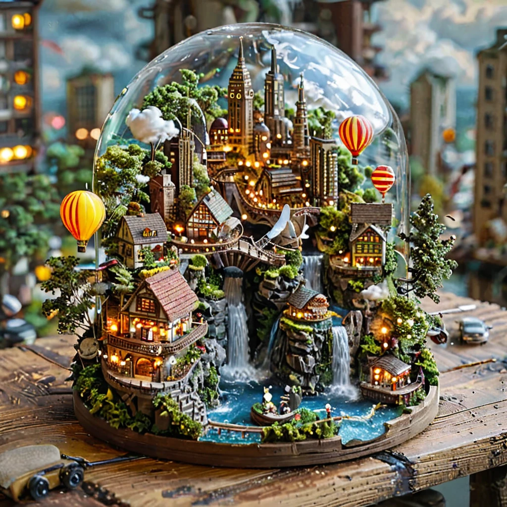 tilt-shift photography,(masterpiece, top quality, best quality),(ultra-detailed, absolutely resolution),((16k, high res)). (city in the sky. The city should be built on floating islands connected by bridges, featuring buildings that range from modern skyscrapers to whimsical, fantasy-inspired architecture. Include lush greenery and waterfalls cascading from the islands into the clouds below. The sky should be clear blue with fluffy white clouds surrounding the city. Add colorful hot air balloons floating in the sky, people walking across the bridges, airships docked at platforms, and birds flying around. The overall atmosphere should be bright, serene, and magical, capturing the vibrancy and wonder of an aerial cityscape)