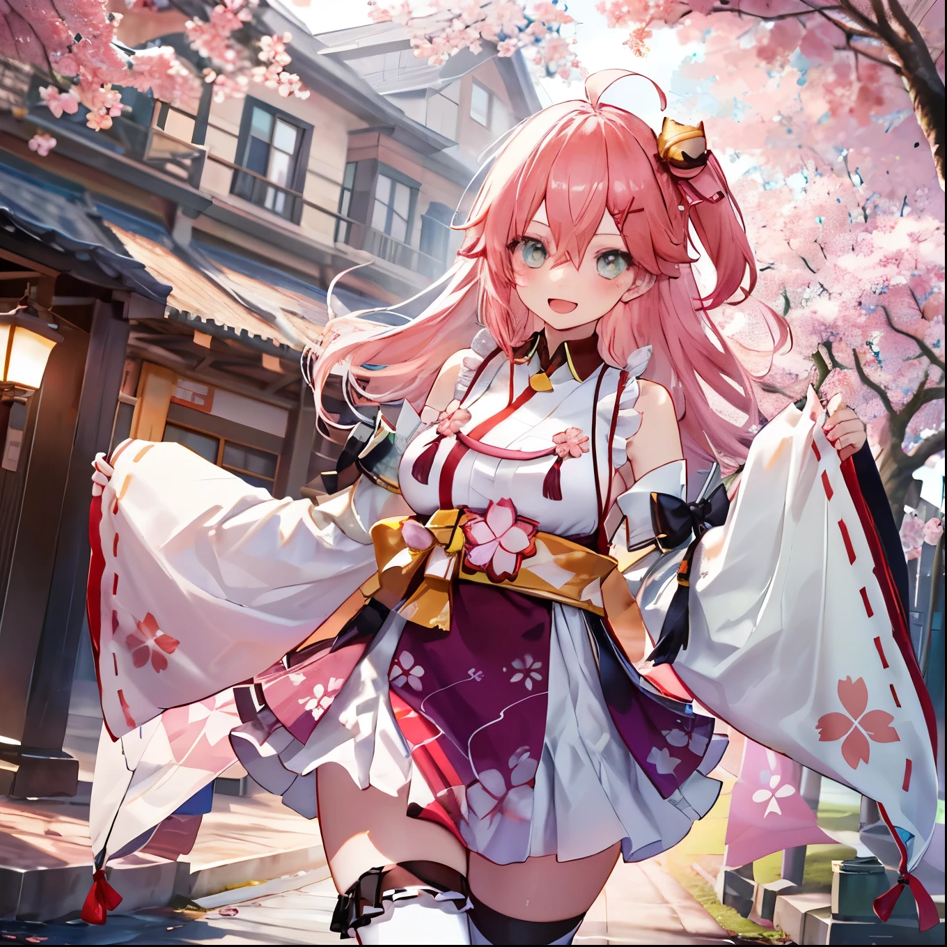 masterpiece, best quality, highres, miko1, sakura_miko, 1girl, big_boobs, solo, ahoge, x_hair_ornament, pink_hair, floral print, hairclip,(side_less_clothes:1.5), (side_boobs:1.5), hair_bell, floral print, long_hair, hair between eyes, one side up, white thighhighs, asymmetrical legwear, wide sleeves, open_mouth,(happy:1.3),gleen_eyes,big_smile,(rise_leg:1.3),plump,apart_legs,(overly_long_sleeves:1.3),),sleeves_past_wrists,hands_hidden_sleeves,sidelock_clothes,dynamic_posing,solo,hidden_wrists,(XD:1.4),covered_nipples,sunlight,cherryblossom_background,