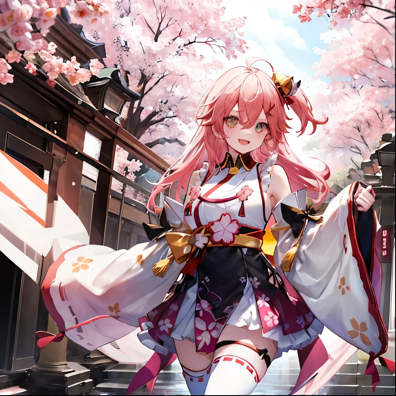 masterpiece, best quality, highres, miko1, sakura_miko, 1girl, big_boobs, solo, ahoge, x_hair_ornament, pink_hair, floral print, hairclip,(side_less_clothes:1.5), (side_boobs:1.5), hair_bell, floral print, long_hair, hair between eyes, one side up, white thighhighs, asymmetrical legwear, wide sleeves, open_mouth,(happy:1.3),gleen_eyes,big_smile,(rise_leg:1.3),plump,apart_legs,(overly_long_sleeves:1.3),),sleeves_past_wrists,hands_hidden_sleeves,sidelock_clothes,dynamic_posing,solo,hidden_wrists,(XD:1.4),covered_nipples,sunlight,cherryblossom_background,
