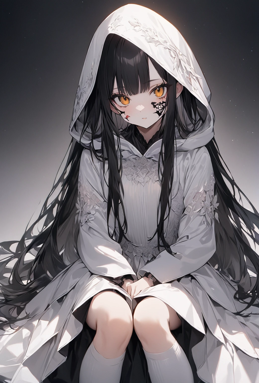 ((highest quality)), ((masterpiece)), ((Very detailed)), (Very cute),絹のような優しい薄い茶colorの髪の身長が165cmくらいの笑顔の女性，color(white)(orange)(black)が3color均等に使われたある光沢感を薄いロングヘアのフード付きのパーカーを着た笑顔の女性, alone, Cute attitude,(background(bright)，Long Hair - Straight，Knee-high socks、white wedding dress with hood，White wall、Sitting、Face Draws Up，Facing the viewer