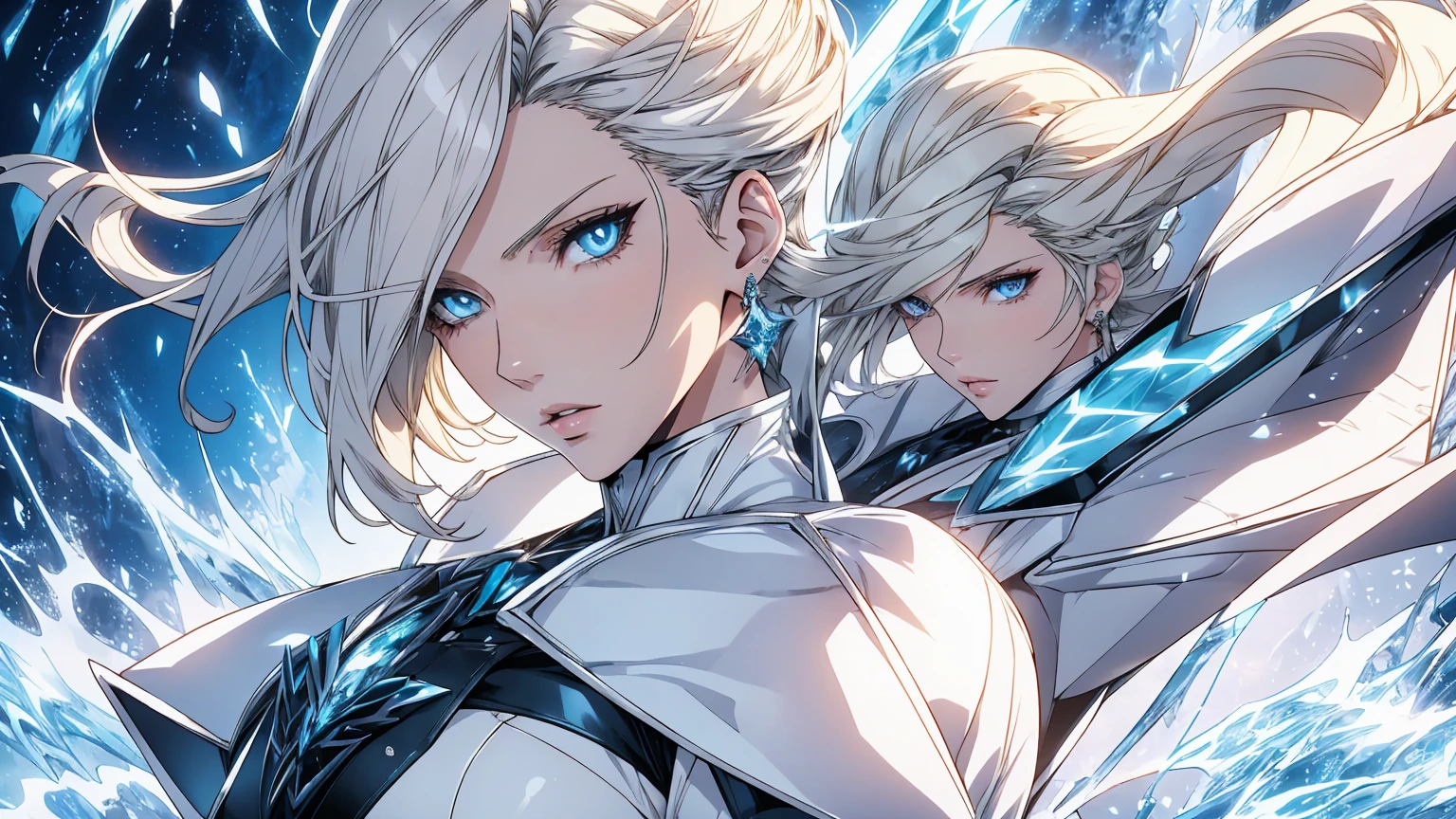 Beautiful Modern Anime: Emma Frost in her classic attire, a frosty-haired, impeccably elegant yet discreet mutant woman. Exuding the charm of a professional model, with blue eyes sparkling with mischief and vitality. Resembling Megan Fox and Charlize Theron, her icy gaze framed by cascading waves of frosty locks, capturing her cool sophistication. Radiating glamour, power, and youthful energy. Intricate outfit details of shimmering diamonds and sleek leather with a modest neckline showcase the artist's skill.