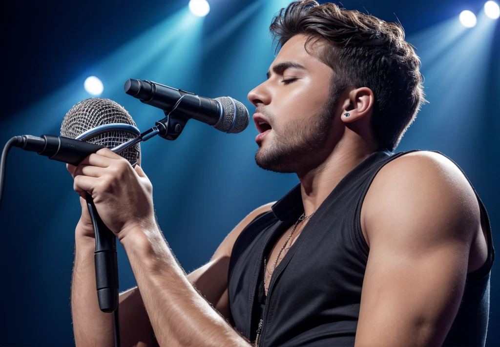 masterpiece, highest quality, Realistic, Very detailed, Concert, Male singer singing on a microphone, Head to the right, Impressive,A large audience