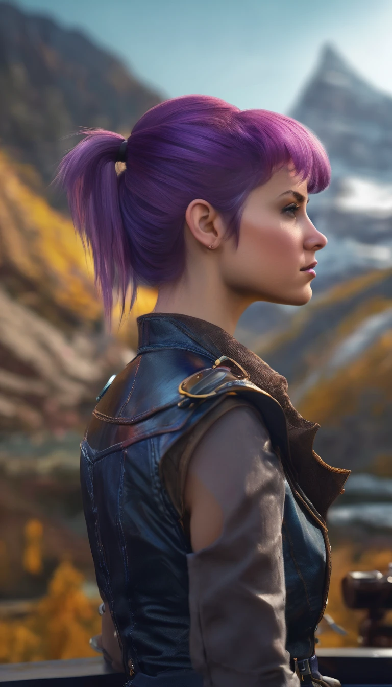 Back view, (photo_(medium):1.2), by Antonio J. Manzanedo, by Jeremy Lipking, 1girl, stand back to viewer and looking at the camera, (facing the viewer:1.1), (photorealistic:1.2), hyperrealistic, photorealism, close-up, head and shoulders, purple hair with rainbow streaks, short hair, ponytail, bangs, blue eyes, friendly, eyelashes, steampunk, sleeveless, subsurface skin scattering, snowy mountain background, symmetry, depth of field, 8k, vfx, hdr, rtx