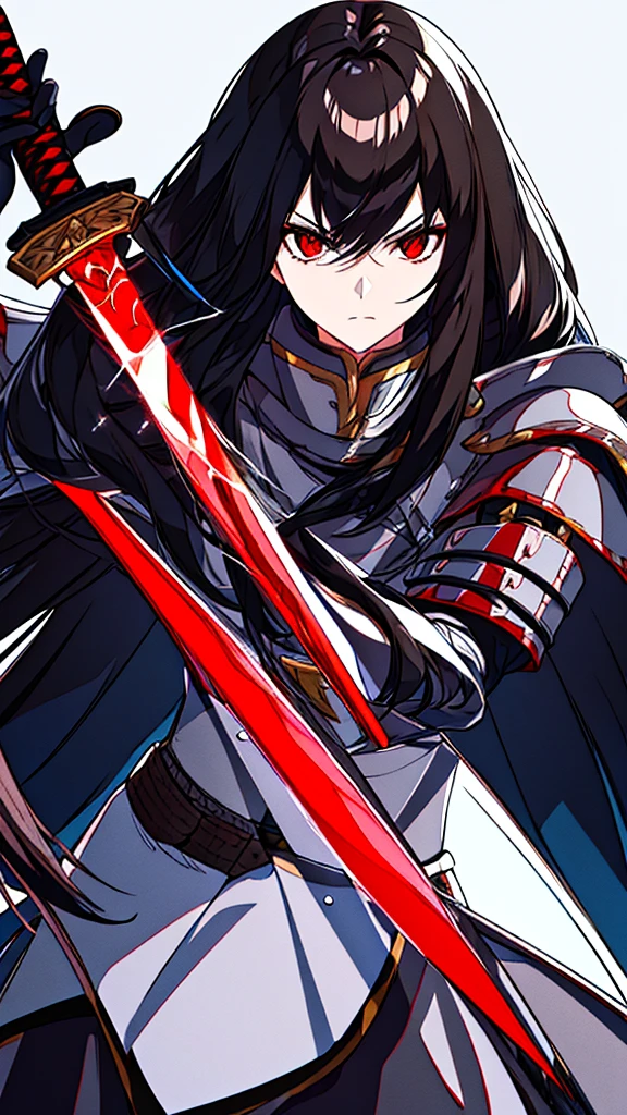 Knight (male) with long black hair (not too long), wearing a black and white armor, red cape, has a brown bright eyes, holding a katana sword, half of his face is frozen, fighting an ice queen