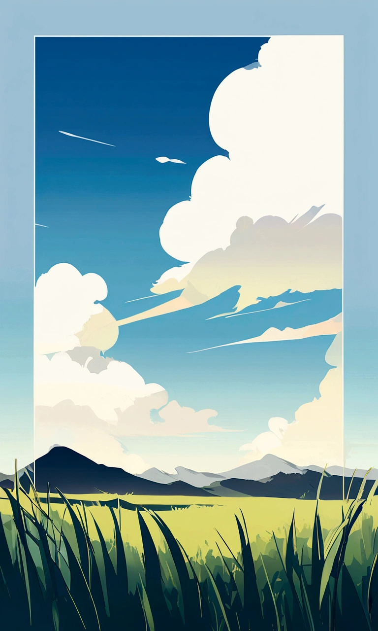 travel poster design, grassland, Blue sky, White Cloud, Image minimalist style