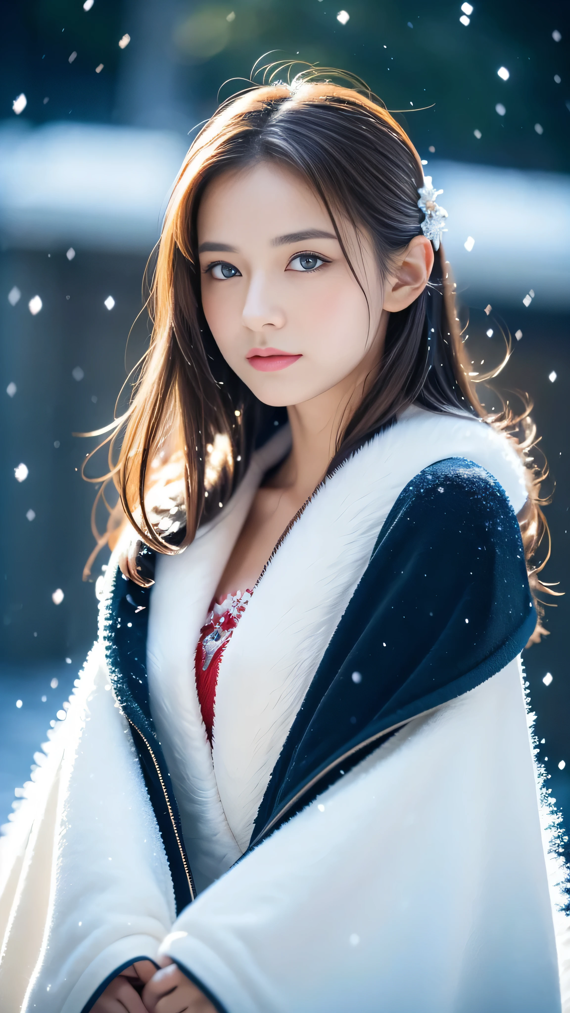 (highest quality, 8k, 32K,details are very clear),Realistic, High resolution, 1 Japanese Women, alone, (Lolita Costume),Gorgeous costumes,Facing the audience,(Upper Body,Upper limbs), Beautiful Eyes, brown hair, Ring-shaped eyes, (outside,Heavy snowfall,thick fur cape,Cover with snow),Snowfield,blue eyes,highest qualityのイラスト,Detailed facial features
