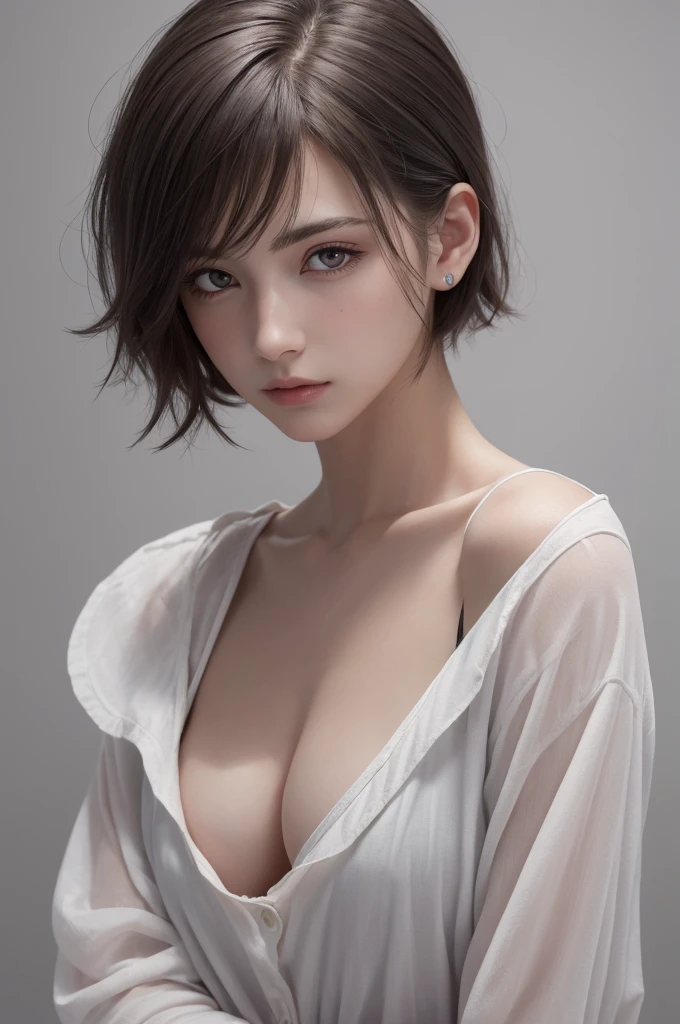 8K Ultra HD、RAWphotograph、モデルphotograph撮影、 European laceasterpiece、highest quality、Realistic、High resolution、photograph:1.3)、close、focus on、Hot Model、slim、30 year old mature woman、Small face、No makeup、short hair、Beautiful dark brown Hayne eyes、Genuineスキン、(Perfect body)、Sexy hot face、erotic、sexual sight、slim、shirt、Long sleeve、Hide your chest、Beautiful eyes in every detail、Glossy lips、Small breasts、Small breasts、Bust B cup、((Bright light、Dynamic Lighting、Genuine、超Genuine、 realism、Genuineなディテール、Cool Beauty、Cool pose、Background gray、Plain gray background