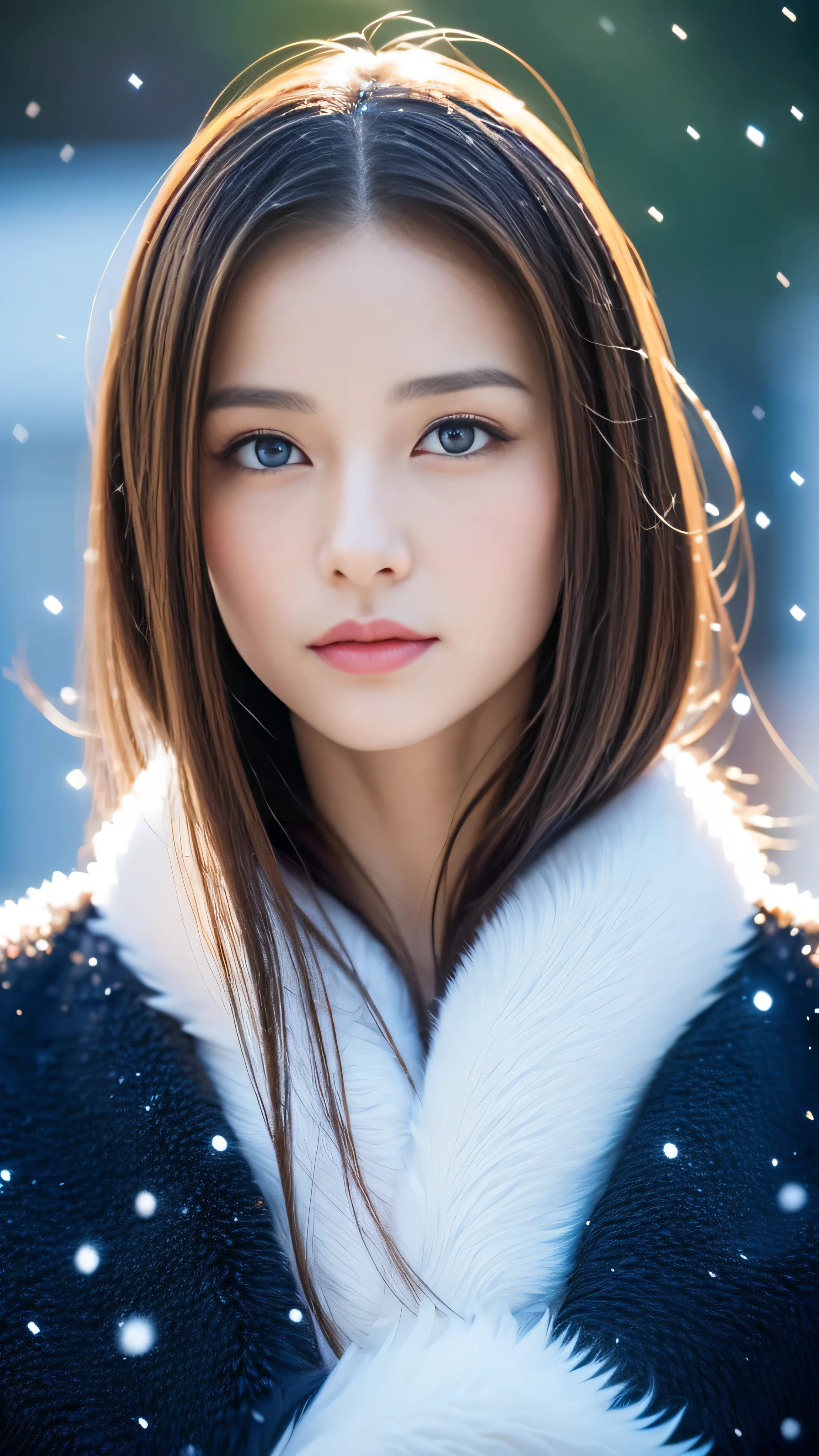 (highest quality, 8k, 32K,details are very clear),Realistic, High resolution, 1 Japanese Women, alone, (ta Costume),Gorgeous costumes,Facing the audience,(Upper Body,Upper limbs), Beautiful Eyes, brown hair, Ring-shaped eyes, (outside,Heavy snowfall,thick fur cape,Cover with snow),Snowfield,blue eyes,highest qualityのイラスト,Detailed facial features