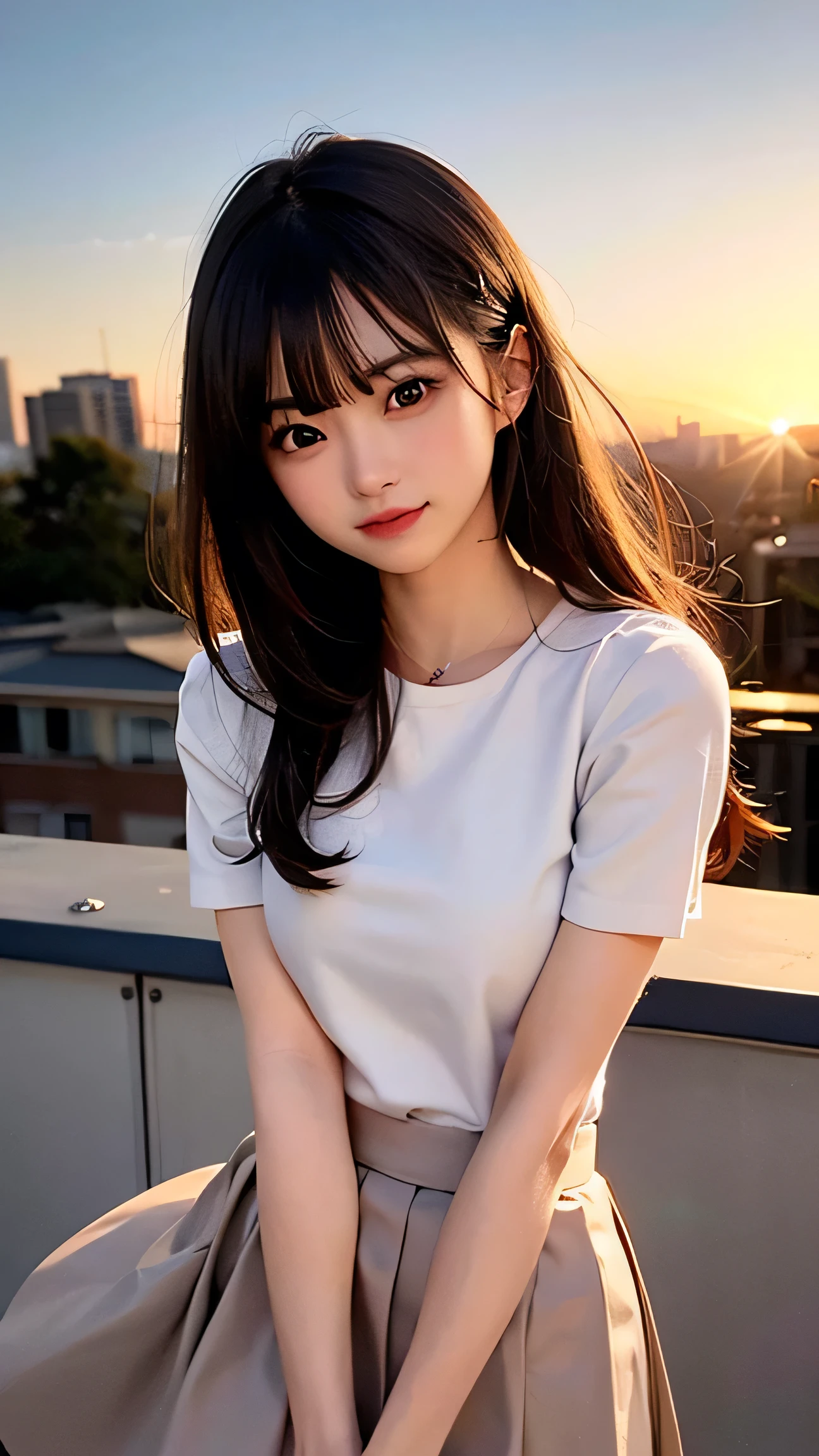 masterpiece, highest quality, High resolution, Very detailed, Detailed Background, Cinema Lighting, One girl, cute, Medium chest, , Skirt Lift, Flip up the skirt、View Viewer, building, Outdoor, sunset, Bokeh,