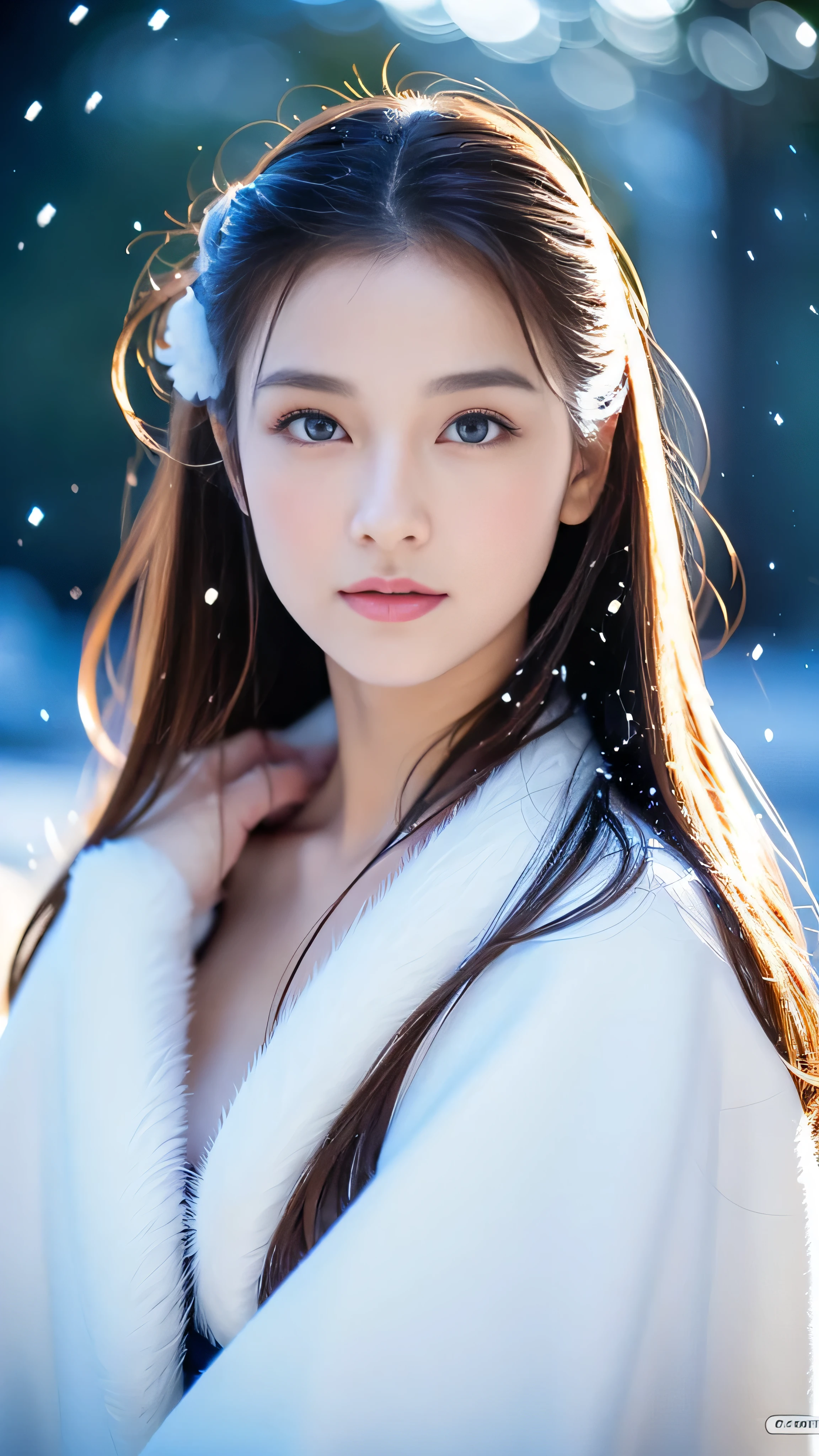 (highest quality, 8k, 32K,details are very clear),Realistic, High resolution, 1 Japanese Women, alone, (ta Costume),Gorgeous costumes,Facing the audience,(Upper Body,Upper limbs), Beautiful Eyes, brown hair, Ring-shaped eyes, (outside,Heavy snowfall,thick fur cape,Cover with snow),Snowfield,blue eyes,highest qualityのイラスト,Detailed facial features