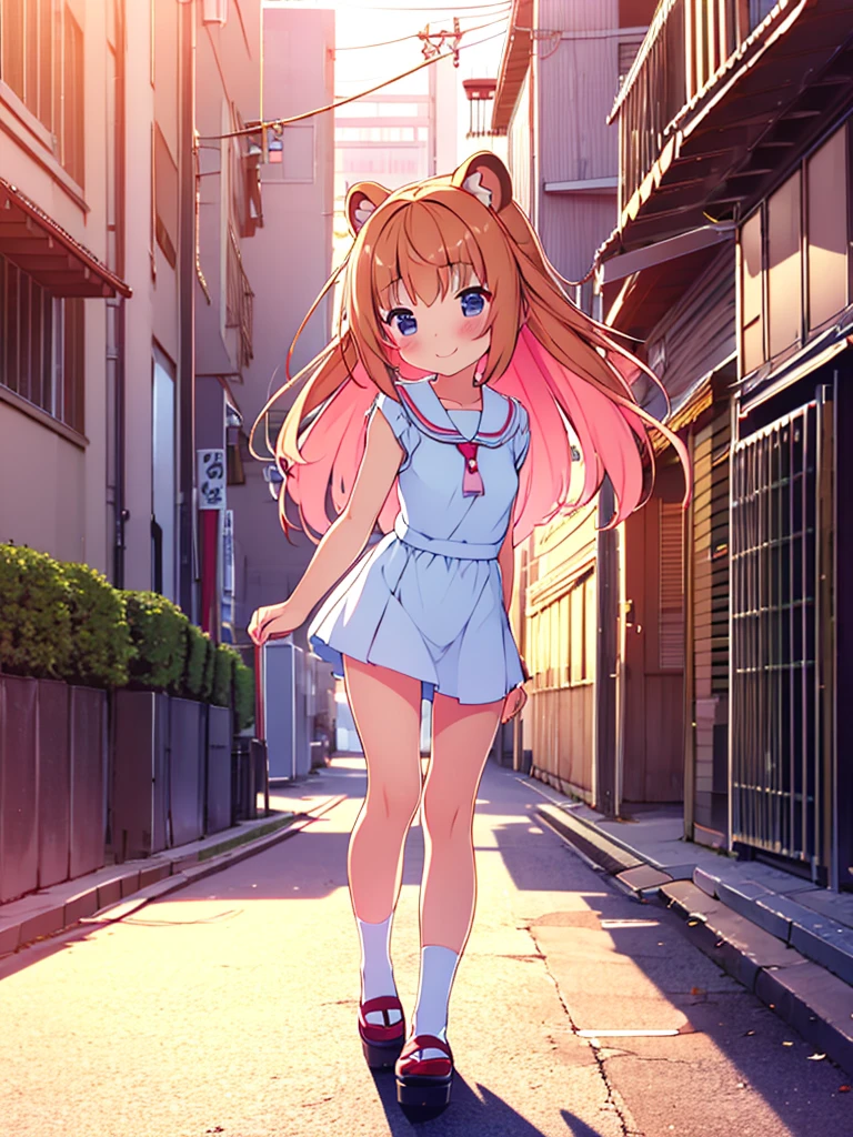 tanuki girl, tanuki, kawaii, on a streets of tokyo, sunset, sunbeams, magical lighting, akihabara, in cute short dress, undies visible, panties visible, smiling, blushing, shy pose, kawaii outfit, beautiful hair, looking away Short skirt raised show panties NSFW open legs