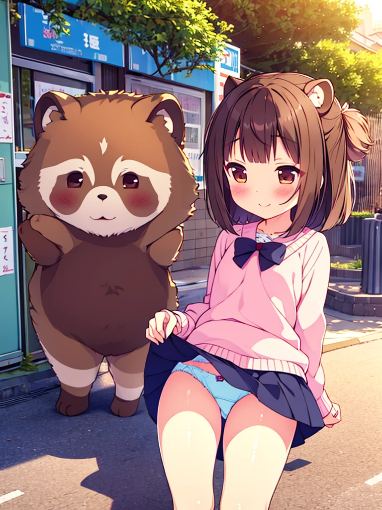 tanuki girl, li tanuki, kawaii, on a streets of tokyo, sunset, sunbeams, magical lighting, akihabara, in cute short dress, undies visible, panties visible, smiling, blushing, shy pose, kawaii outfit, beautiful hair, looking away Short skirt raised show panties  NSFW open legs