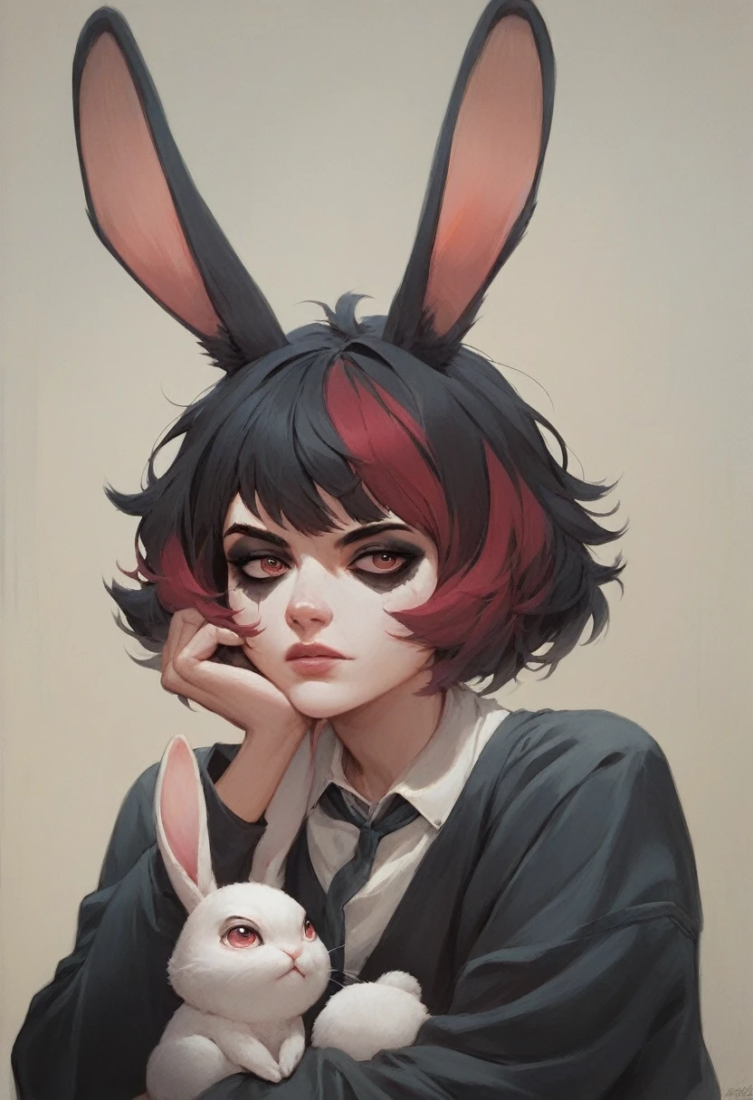 Modernist art, Live-action anime, A girl who loves rabbits, Sitting with a rabbit, Egon Schiele, Emo art, Otherdimensional, Portrait art by Jakub Rebelka、highest quality、Highest quality、painting、