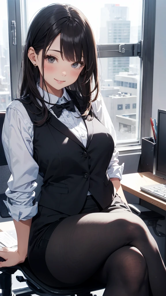 1lady sitting (crossed legs), office worker (stylish outfit), (gray vest) (pencil skirt), mature female, /(dark brown hair/) bangs, blush kind smile, (masterpiece best quality:1.2) delicate illustration ultra-detailed, large breasts, pantyhose BREAK (modern office indoors), window cityscape, detailed background