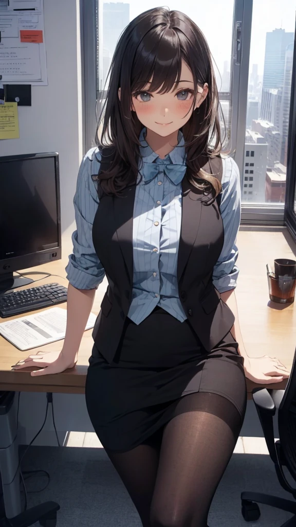 1lady sitting (crossed legs), office worker (stylish outfit), (gray vest) (pencil skirt), mature female, /(dark brown hair/) bangs, blush kind smile, (masterpiece best quality:1.2) delicate illustration ultra-detailed, large breasts, pantyhose BREAK (modern office indoors), window cityscape, detailed background