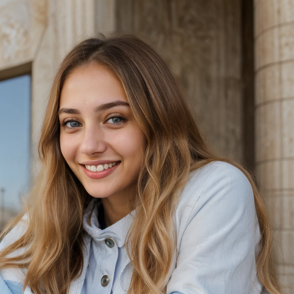 one cute women, 22YO, white, Arab, cute face, realistic brown eyes, blue jacket, blonde/brown hair, cute smile, skinny face, white realistic teethes, big eyes, long hair, no hands