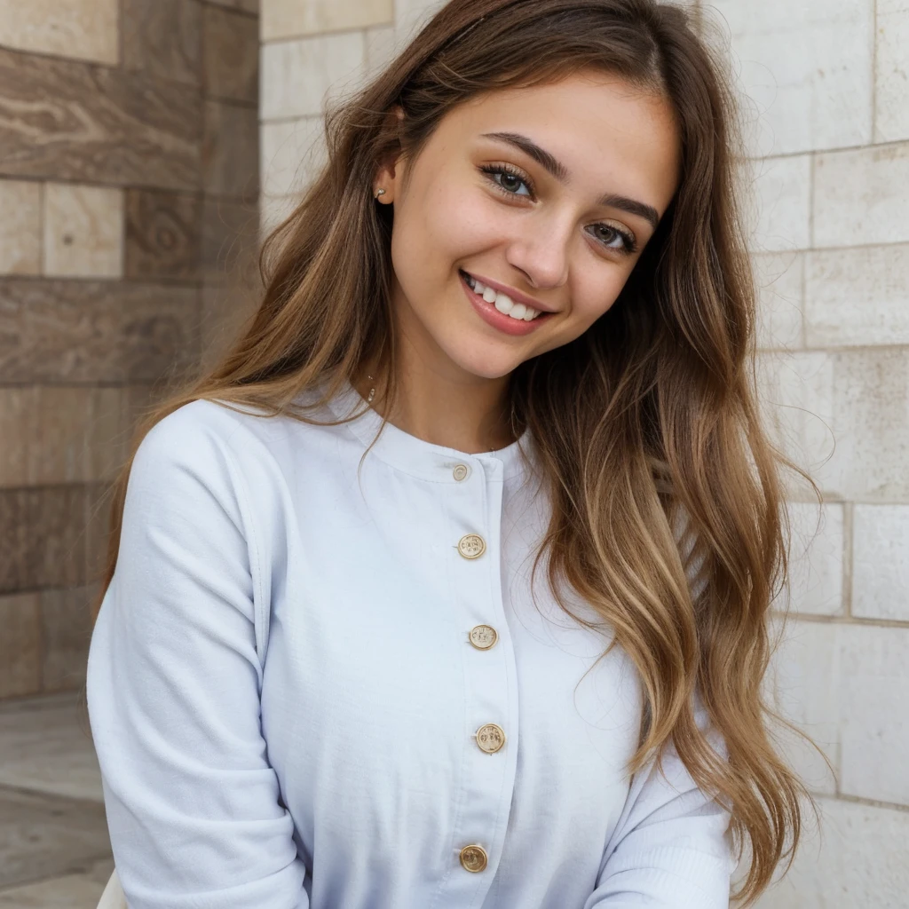 one cute women, 22YO, white, Arab, cute face, realistic brown eyes, blue clothes, blonde/brown hair, cute smile, skinny face, white realistic teethes, big eyes, long hair, no hands