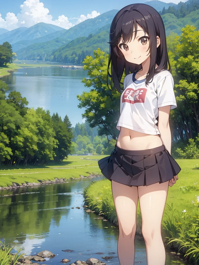 masterpiece, best quality, nonhotaru, solo, middle hair, small breasts, ****, (petite),
 smile, standing, mini t-shirt, Navel, miniskirt, river, Japanese countryside,