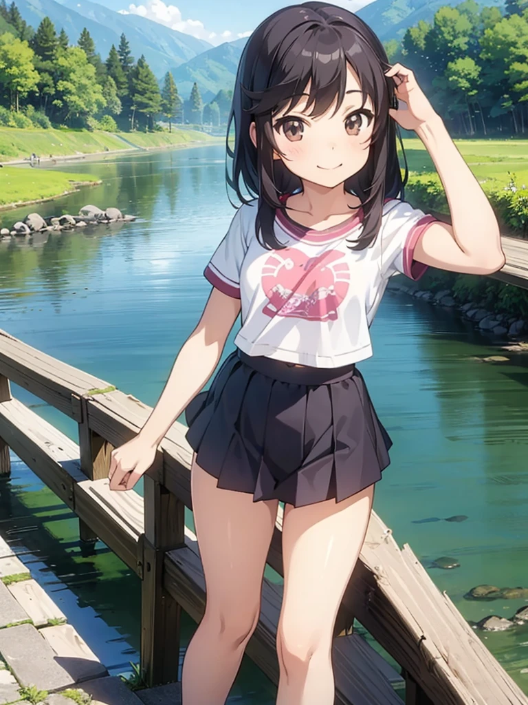 masterpiece, best quality, nonhotaru, solo, middle hair, small breasts, ****, (petite),
 smile, standing, mini t-shirt, Navel, miniskirt, river, Japanese countryside,