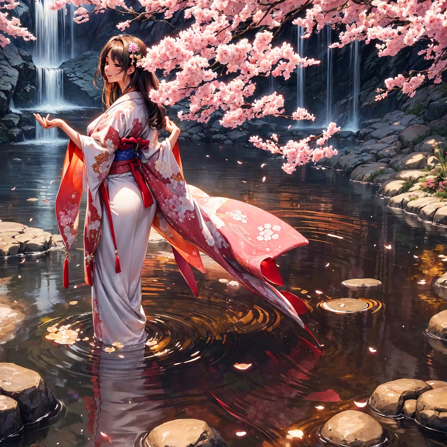 (((highest quality、masterpiece、Very high resolution、High-resolution images)))、Beauty Painting、A woman of perfect and ultimate beauty:18-year-old、Beautiful body:Slender and beautiful breasts、Beautiful Face:smile、Beautiful colorsの髪:Japanese hair and Japanese hair accessories、Beautiful Eyes、Best skin and hair texture、Realistic texture、Beautiful texture、Smooth texture、(nude)、Wearing a Japan kimono、Beautiful waterfront、Waterfall and cherry blossoms、Lantern、Beautiful night sky:Starry Sky、Natural light、Beautiful views、Beautiful colors、Beautiful posture、The wind is blowing:Fluttering Hair、Overall image、Perfect detail、Accurate Images、Accurate anatomy、No image defects、Perfect image、Beautiful images、(Best Shot:1.2、RAW Photos:1.2)