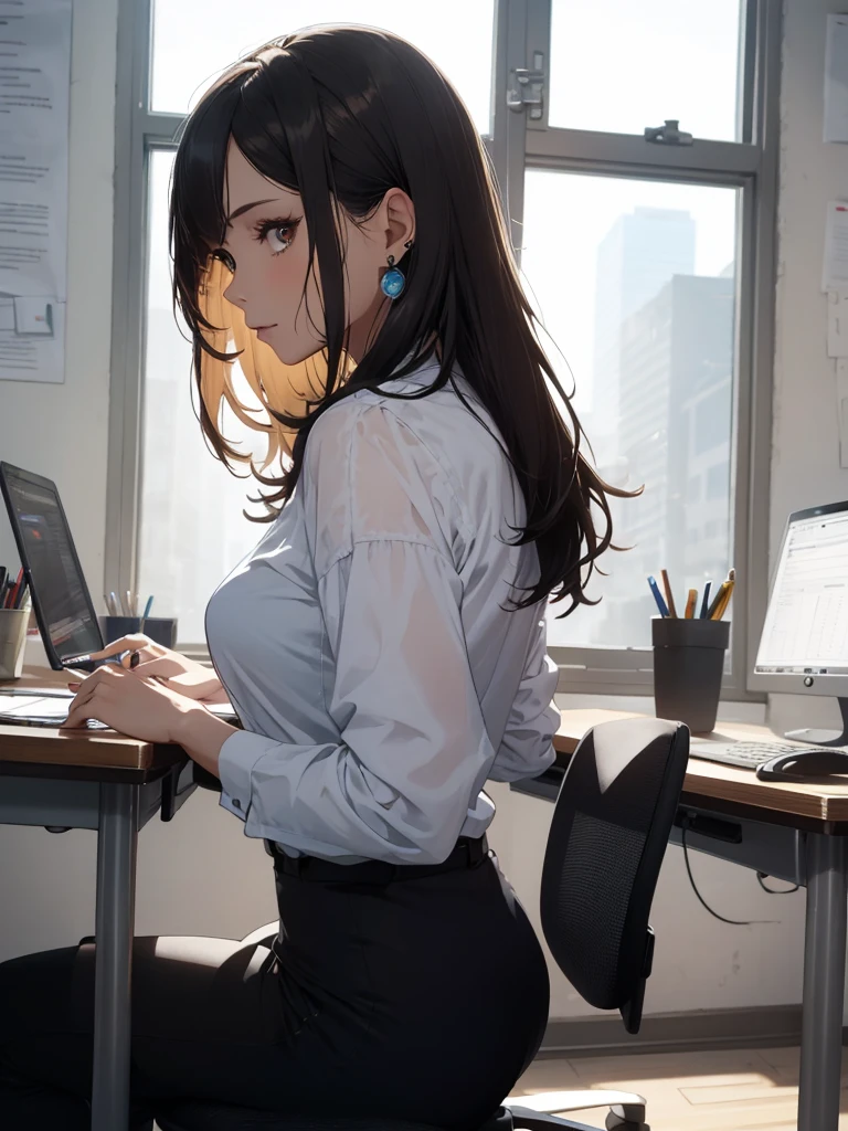 absurderes:2.0、 from side:1.3, (best quality), (intricate detailed), (Hyperrealistic), Front Light、highly detailed, detailed background, illustration, 1girl, perfect hands, detailed fingers, beautiful detailed eyes, perfect eyes, seductive eyes, milf, mature woman, brown eyes, CEO, (office clothes:1.2),pencil skirt , pantyhose, earrings, a woman in the office room, serious、sit in an office chair, Stern