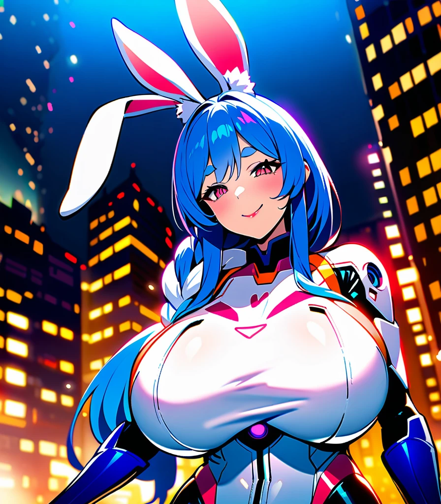 masterpiece, high quality, extremely detailed, 1girl, milf, solo, bunnygirl, pekomama, (huge breasts:1.5), ((((blue hair), long hair, pink eyes, slit pupils, rabbit ears))), red lips, (((mechanical bodysuit, blue-syriped bodysuit))), ((naughty smile), closed mouth), ((futuristic cityscape))Very prominent nipples