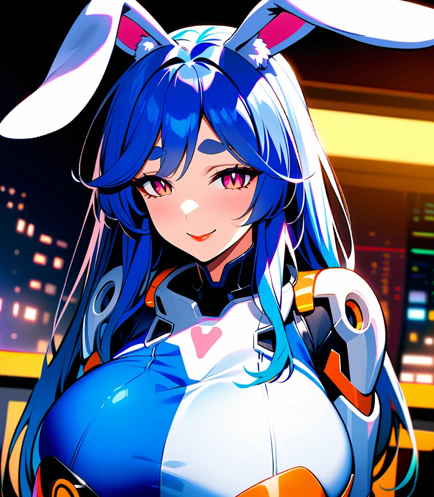 masterpiece, high quality, extremely detailed, 1girl, milf, solo, bunnygirl, pekomama, (huge breasts:1.5), ((((blue hair), long hair, pink eyes, slit pupils, rabbit ears))), red lips, (((mechanical bodysuit, blue-syriped bodysuit))), ((naughty smile), closed mouth), ((futuristic cityscape))Very prominent nipples