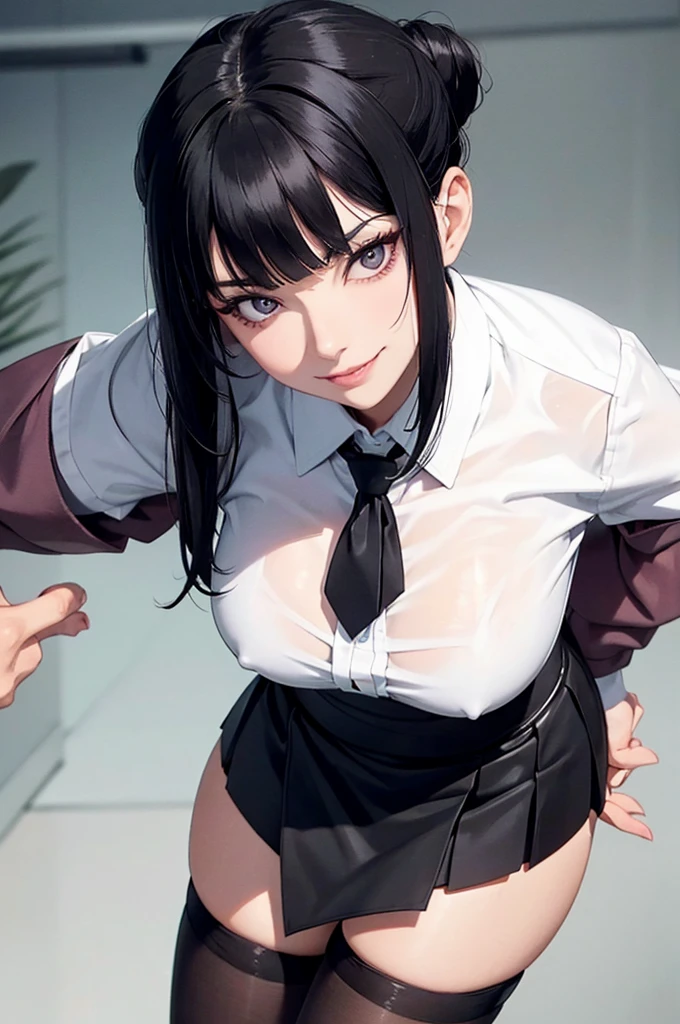 juri han, work of art, tight white secretary shirt with black tie, black high waist skirt, short skirt,stocking, black hair, black tights,evil smile,office,franja nos olhos,lighting,chifre de cabelos,view from above,olhando para cima