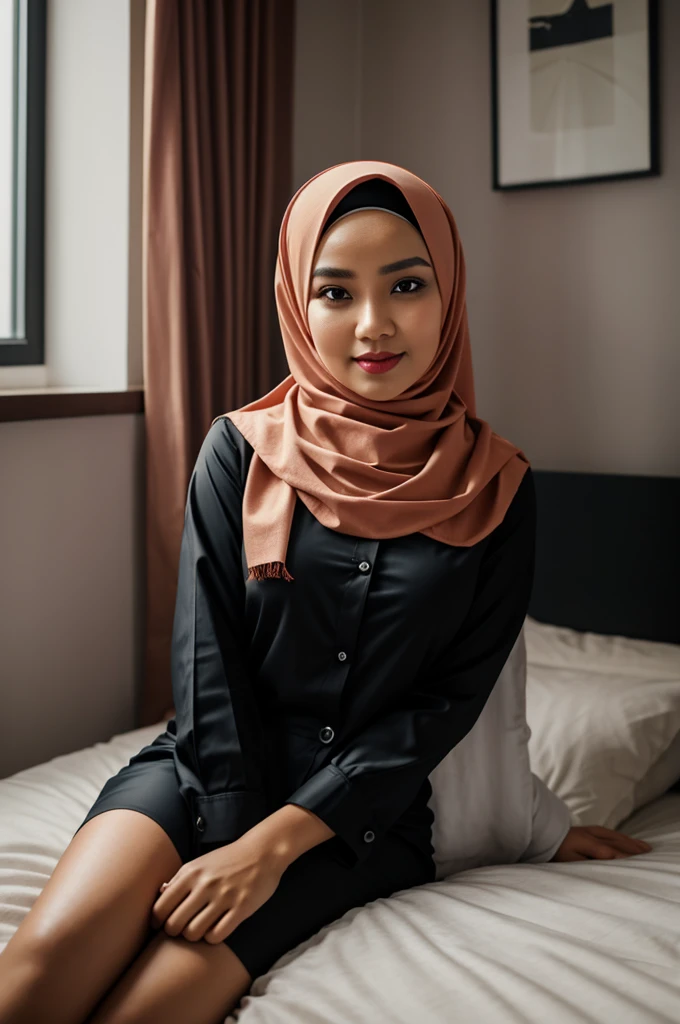 Half body portrait of a 28 years old Indonesian woman sit in bed, wearing hijab, wearing peach blouse with satin black slack, narrow waist, indoor shot, looking up at camera sign, soft lighting, smirk face, circle bokeh , big breast, catwalk, morningtime, surrounded by a comfortable, cool atmosphere, looking at the viewer. (Skin details:1.3), hairy hands, Hijab, slim, red lips, seductive with bedroom background