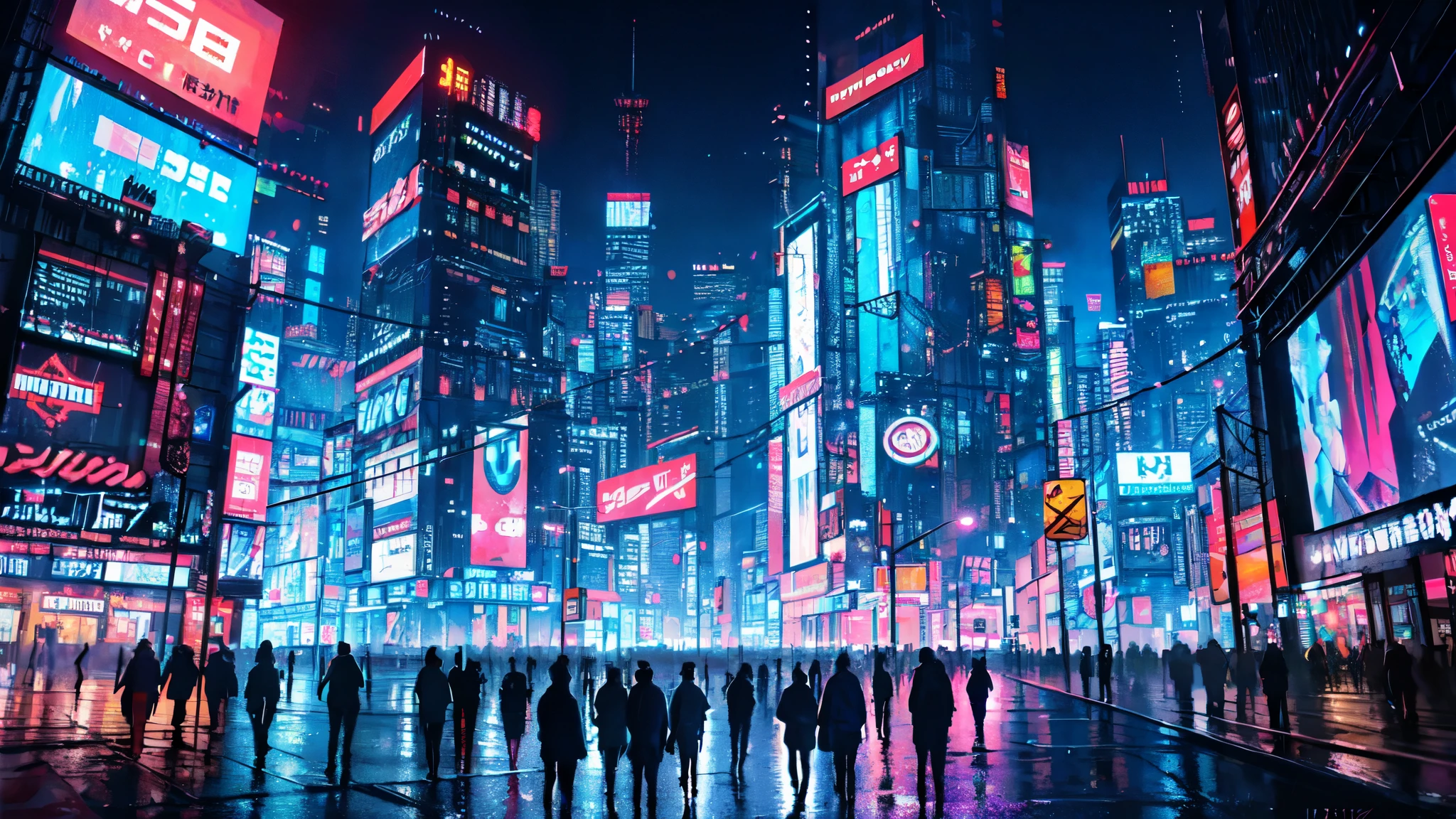 Painting of a city night view with neon lights and a big screen, hyper realistic Cyberpunk City, cyberpunk in a Cyberpunk City, Blade Runner atmosphere, Cyberpunk aesthetic, Cyberpunk aesthetics, busy Cyberpunk City, Cyberpunk atmosphere, at an Cyberpunk City, Cyberpunk City, at a Cyberpunk City, Cyberpunk City, in Cyberpunk City, beautiful Cyberpunk City, Cyberpunk atmosphere, in a futuristic Cyberpunk City, 8k HD becomes a trend on Art Station, Hyperrealistic oil painting, 4K HD, Beautiful Art UHD 4K, Beautiful artwork illustration, Beautiful digital painting, Highly detailed digital painting, Beautiful digital art, Detailed painting 4k, Highly detailed digital painting, Rich, picturesque colors, Gorgeous digital painting