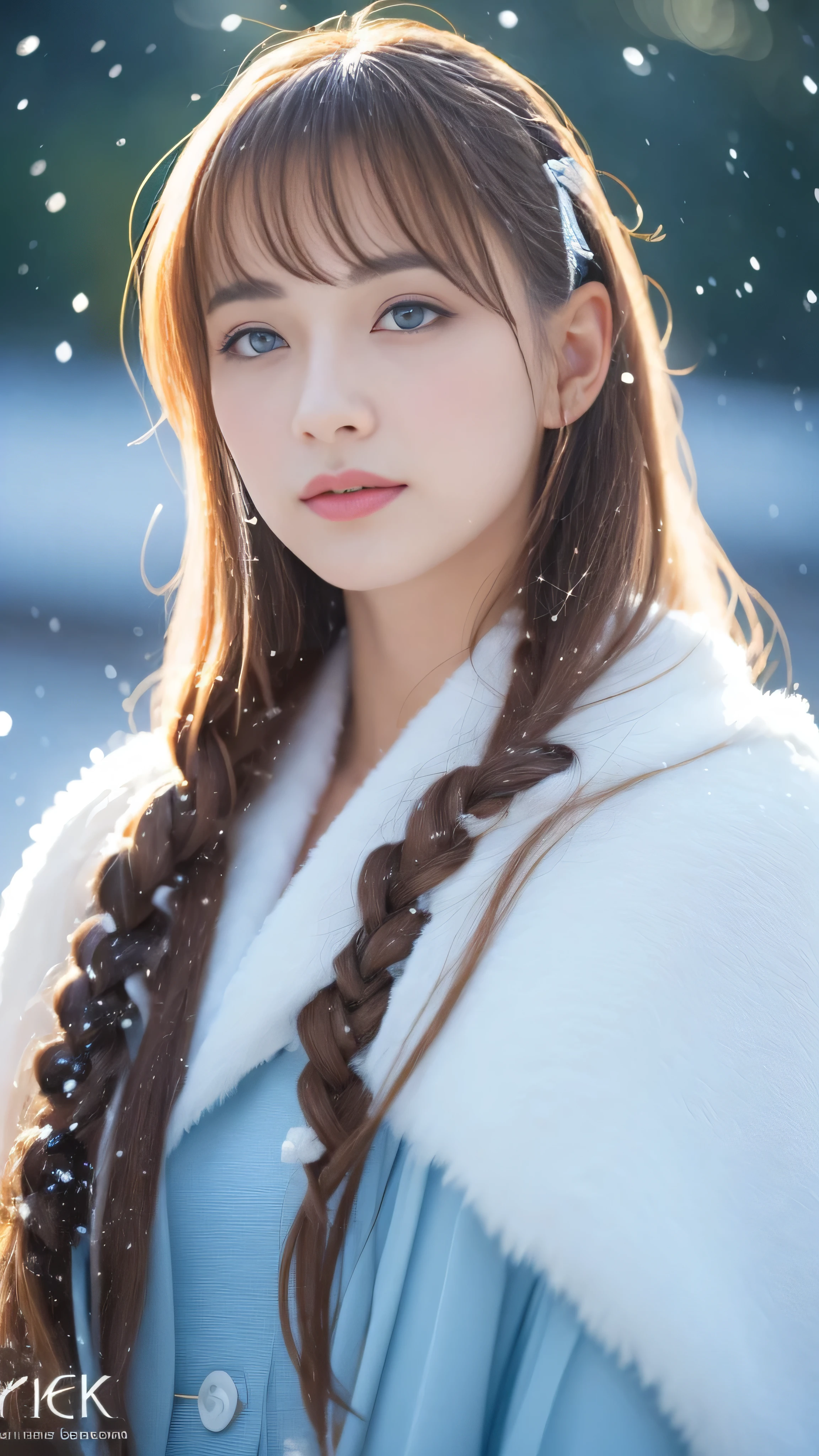 (highest quality, 8k, 32K,details are very clear),Realistic, High resolution, 1 Japanese Women, alone, (Lolita Costume),Gorgeous costumes,Facing the audience,(Upper Body,Upper limbs), Beautiful Eyes, brown hair, Ring-shaped eyes, (outside,Heavy snowfall,thick fur cape,Cover with snow),Snowfield,blue eyes,highest qualityのイラスト,Detailed facial features