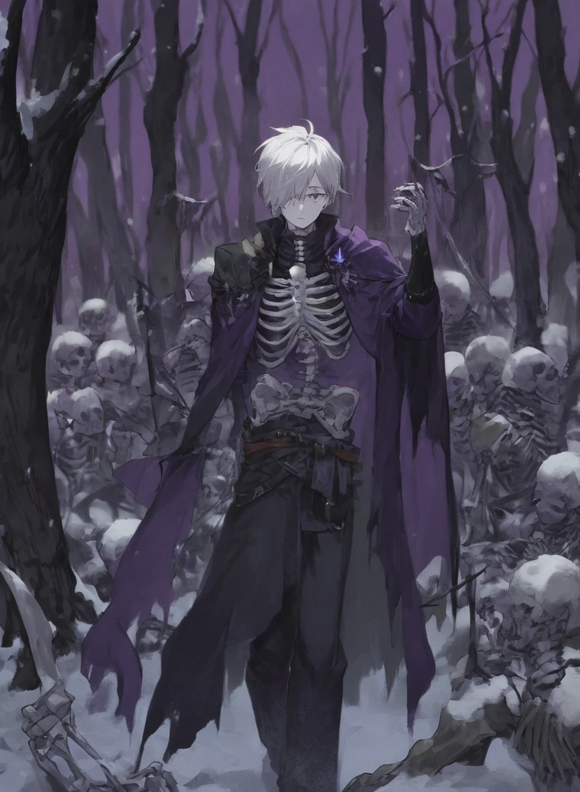 young man ,Male Dark, dark Woods, cold gray colors, man white hair with blue eye, Warlock dnd , Skeleton army in background