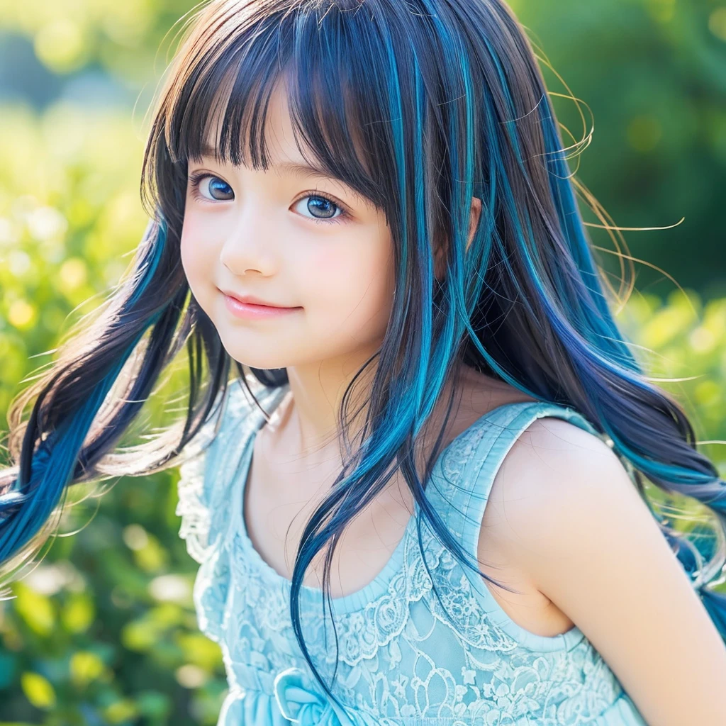 Create an anime-style portrait of a young girl with vibrant, multi-colored hair that transitions from yellow to green to blue. The girl's hair should flow naturally, and she should have large, expressive blue eyes. Her expression should be soft and gentle, with a warm and kind smile. The background should be a blend of warm and cool colors, complementing the girl's hair. She should be wearing a black lace dress with intricate details, adding a touch of elegance to her appearance. The overall mood of the artwork should be cheerful and inviting, capturing the girl's gentle and friendly demeanor."