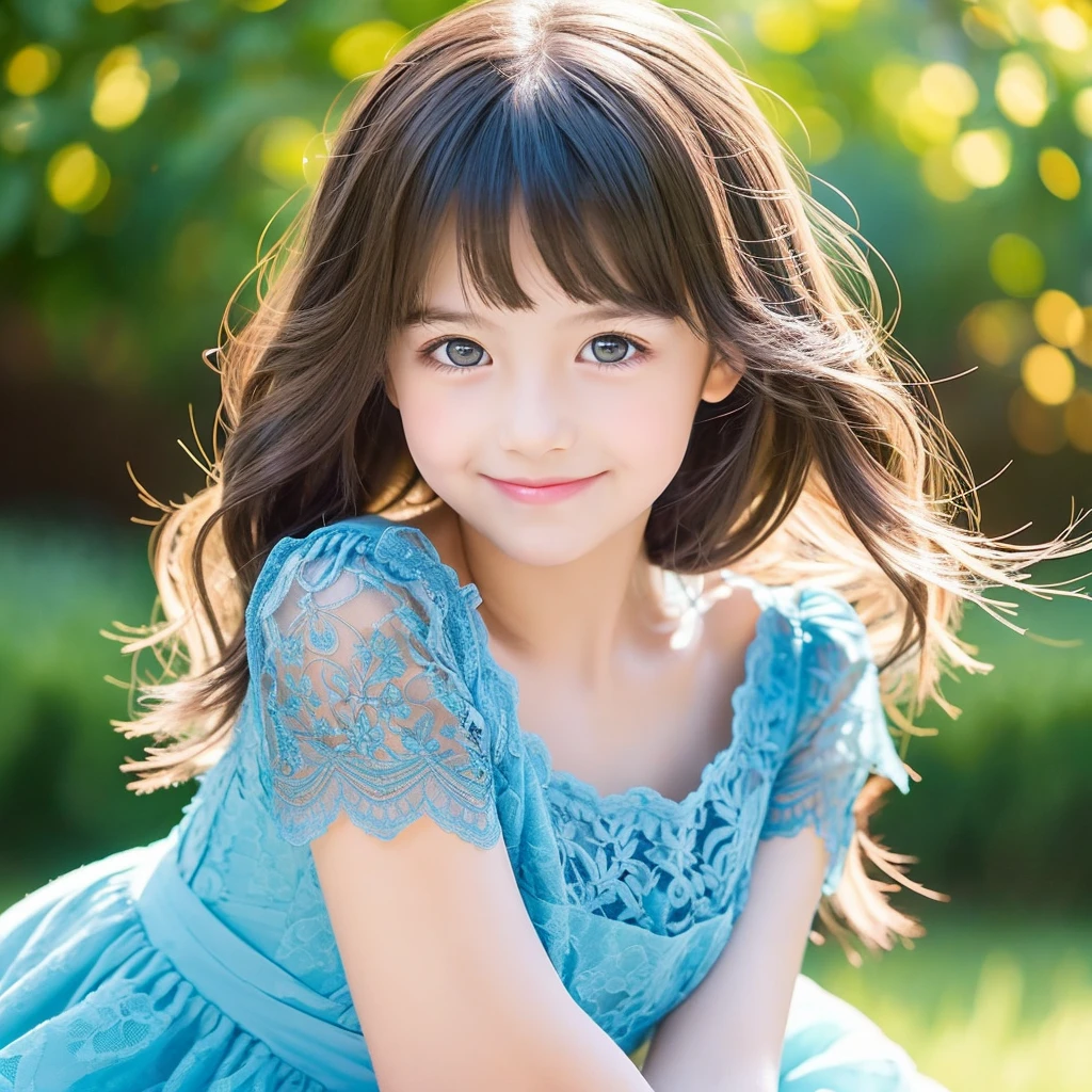 Create an anime-style portrait of a young girl with vibrant, multi-colored hair that transitions from yellow to green to blue. The girl's hair should flow naturally, and she should have large, expressive blue eyes. Her expression should be soft and gentle, with a warm and kind smile. The background should be a blend of warm and cool colors, complementing the girl's hair. She should be wearing a black lace dress with intricate details, adding a touch of elegance to her appearance. The overall mood of the artwork should be cheerful and inviting, capturing the girl's gentle and friendly demeanor."