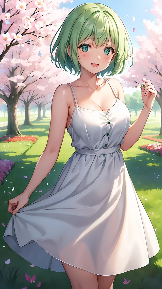 Girl with short green hair, Small size breasts, Small breasts、Green Eyes, White Casual Wear Beauty Special、(((tits))),Full body shot from head to toe、White dress、Colorful flower fields、Fluttering petals、A big smile when looking at the flowers、Uplifting、Swaying in the Wind、Gust of wind、Panty shot、Happenings