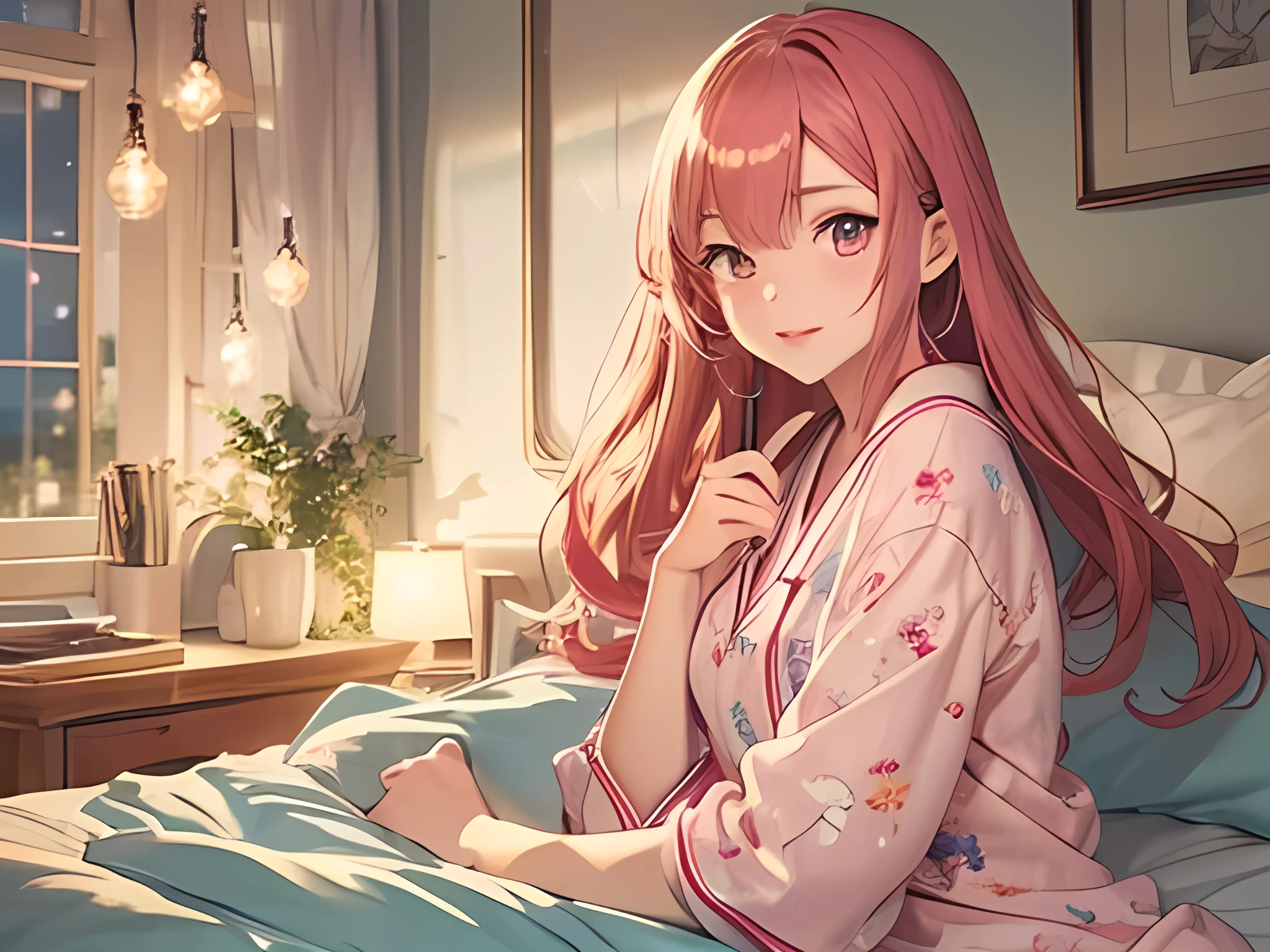 Beautiful young woman, Anime Style, Detailed face, Redhead, Let your hair down, Big eyes, Pink Eyes, Delicate features, Soft lighting, Wearing pajamas, Lying in bed, Body pillow, Cozy bedroom, Relaxed posture, Night view, Soft blanket, Peaceful Expressions, Detailed Background, Japanese Anime Style, Written by hand, high quality, Very detailed, 8K resolution, Cinema Lighting, 最high quality, Vibrant colors