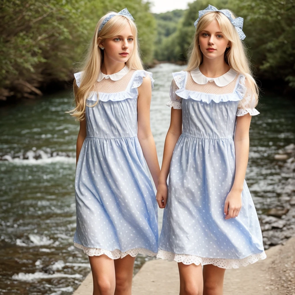 So Pretty And Girly Long-haired  Boys In Blue Polka Doted Frilly Kneelenght Pinafore Dress And White Blouse WITH Lacy Collar And Cuffs. He Wear White Pantyhose And Pumps. THEY LONG BLOND HAIRS TIED In Long TWIN HIGH PONYTAILS BY TWO PRETTY WHITE HAIRBOWS. They Have Pretty Face And BLUE Eyes. They Walks By River.((Best quality)), ((masterpiece)), (detailed), Young woman 