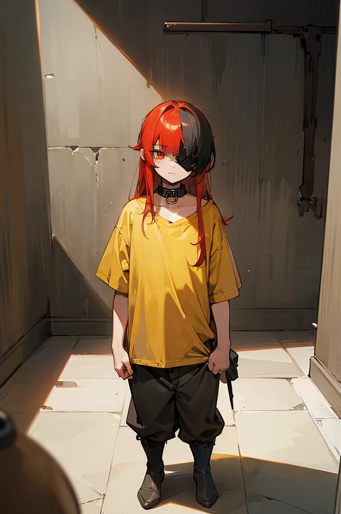 {masterpiece, distinct_image, extremely detailed CG, beautiful eyes and detailed face, 4k, 8k, high_resolution, perfect_finger, medieval style, (beautiful_detailed_eyes:1.3), glitter, white_light,{1boy, face_focus,full body, looking for_in_viewer, standing},{(miniboy,slave:1.3) (tattered long yellow T-shirt, no pants, thick_steel_collar, black_right_eyepatch:1.5), (red_hair, red_eyes, long_hair, hair_over_one_eye, one_eye_covered_with_hair, asymmetrical_bangs:1.4), (tired_face, glaring, breathing:1.2), (gray_wall_prison_indoor:1.3)}}