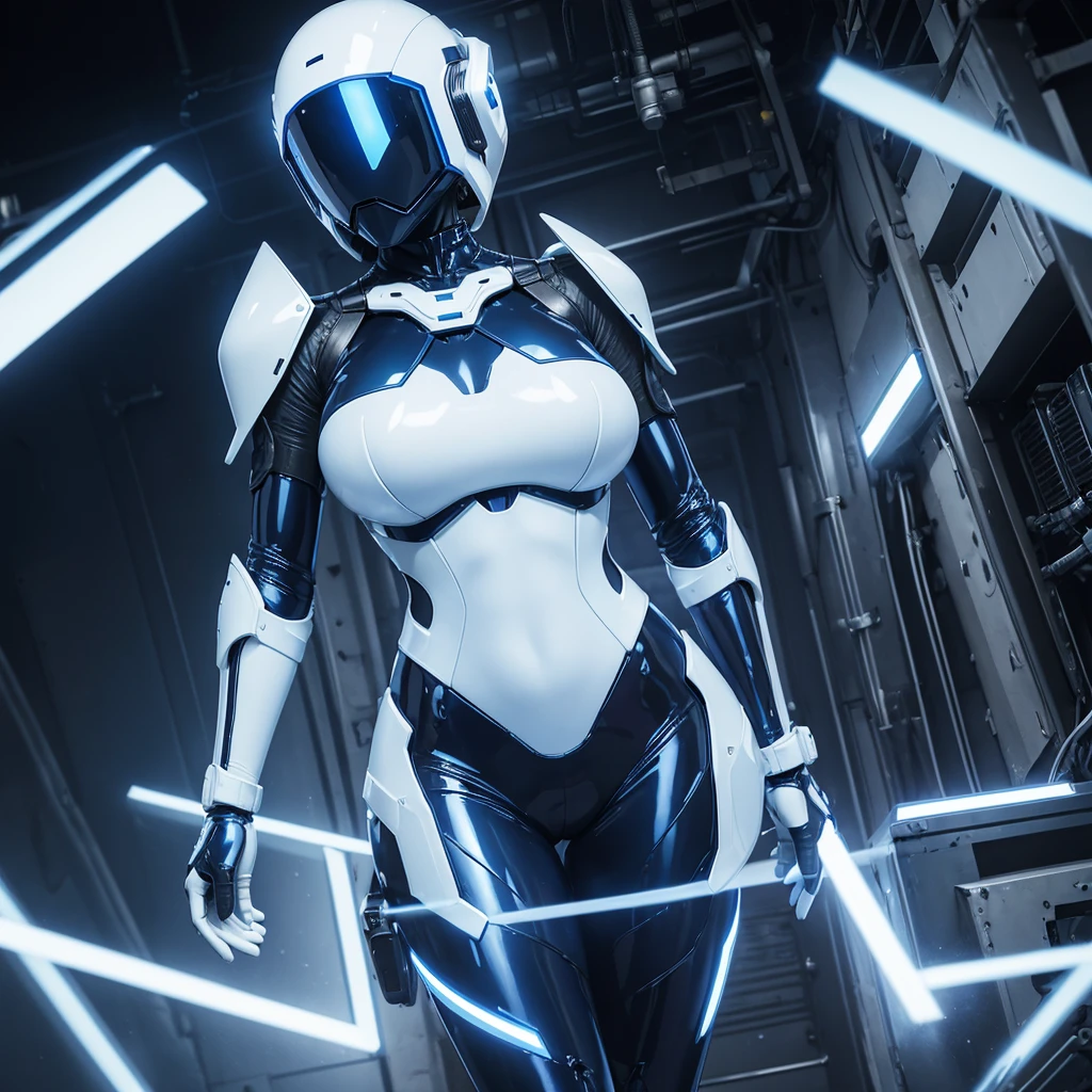 (masterpiece), (best quality), (high res) Solo, (perfect anatomy) Dronificated unknown woman in a fully (enclosed blue latex full body armor) (white LEDs across the suit) (white glowing core in the chest), (enclosed cyber helmet) that cover her whole face and hides her identity with a white screen, huge breast, narrow waist, wide hips and thick thigs, in a storage, (no face) no face, no hair, no mouth, no eyes, in a factory