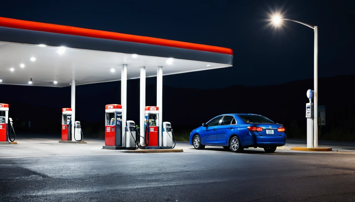 gas station on the road, ominous night, two cars filling up, no people in the area