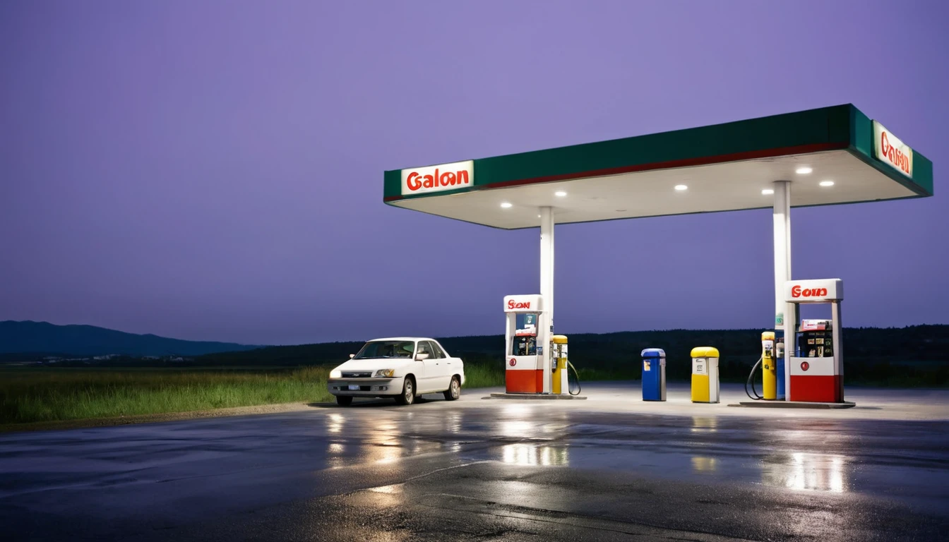 gas station on the road, ominous night, two cars filling up, no people in the area