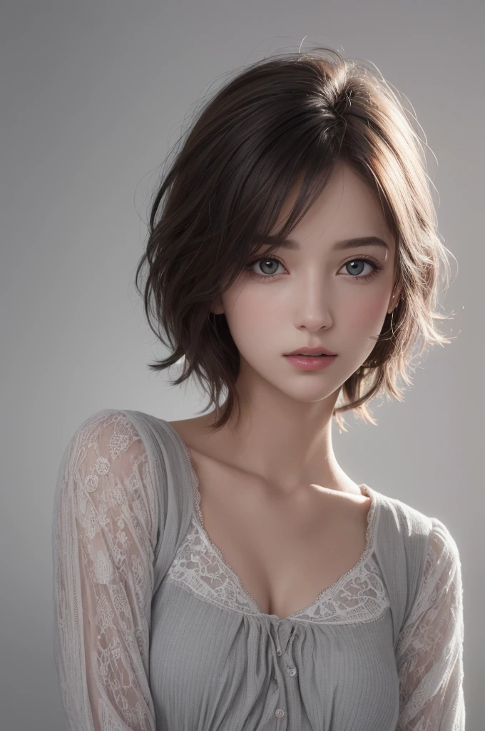 8K Ultra HD、RAWphotograph、モデルphotograph撮影、 European laces、(masterpiece、highest quality、Realistic、High resolution、photograph:1.3)、close、focus on、Hot Model、slim、30 year old mature woman、Small face、No makeup、short hair、Beautiful dark brown Hayne eyes、Genuineスキン、(Perfect body)、Sexy hot face、erotic、sexual sight、slim、shirt、Long sleeve、Hide your chest、Beautiful eyes in every detail、Glossy lips、Small breasts、Small breasts、Bust B cup、((Bright light、Dynamic Lighting、Genuine、超Genuine、 realism、Genuineなディテール、Cool Beauty、Cool pose、Background gray、Plain gray background