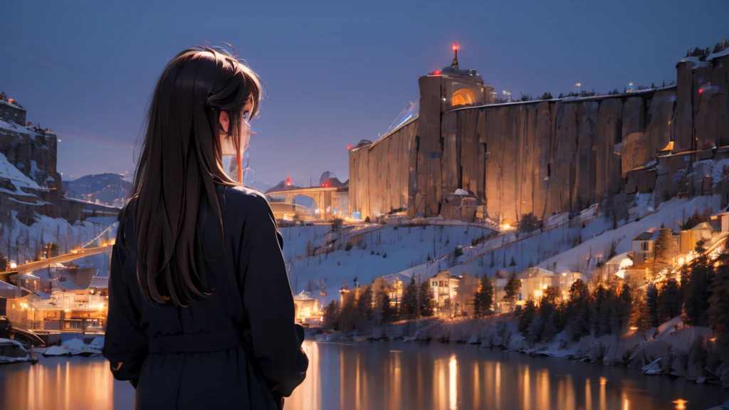1 girl, medium light brown hair, light blue eyes, wearing black suit, night city, absurdres, high res, ultrasharp, 8K, masterpiece, looking from behind