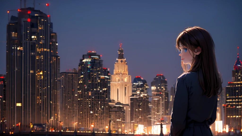 1 girl, medium light brown hair, light blue eyes, wearing black suit, night city, absurdres, high res, ultrasharp, 8K, masterpiece, looking from behind