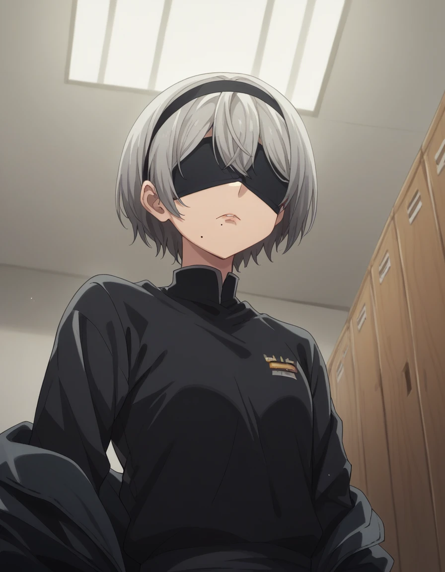 score_9, score_8_superior, score_7_superior, sauce_anime, 2b, 2b, Yoruhano. 2 Type B, short hair, Gray Hair, hair band, Mole, black hair band, Mole under mouth, Blindfold, eyes covered, black Blindfold,(pixel perfect, detail perfect), solo, one girl, nsfw, changing room, changing clothes, undressing, voyeur, expressionless,Room low angle(From below,underwear