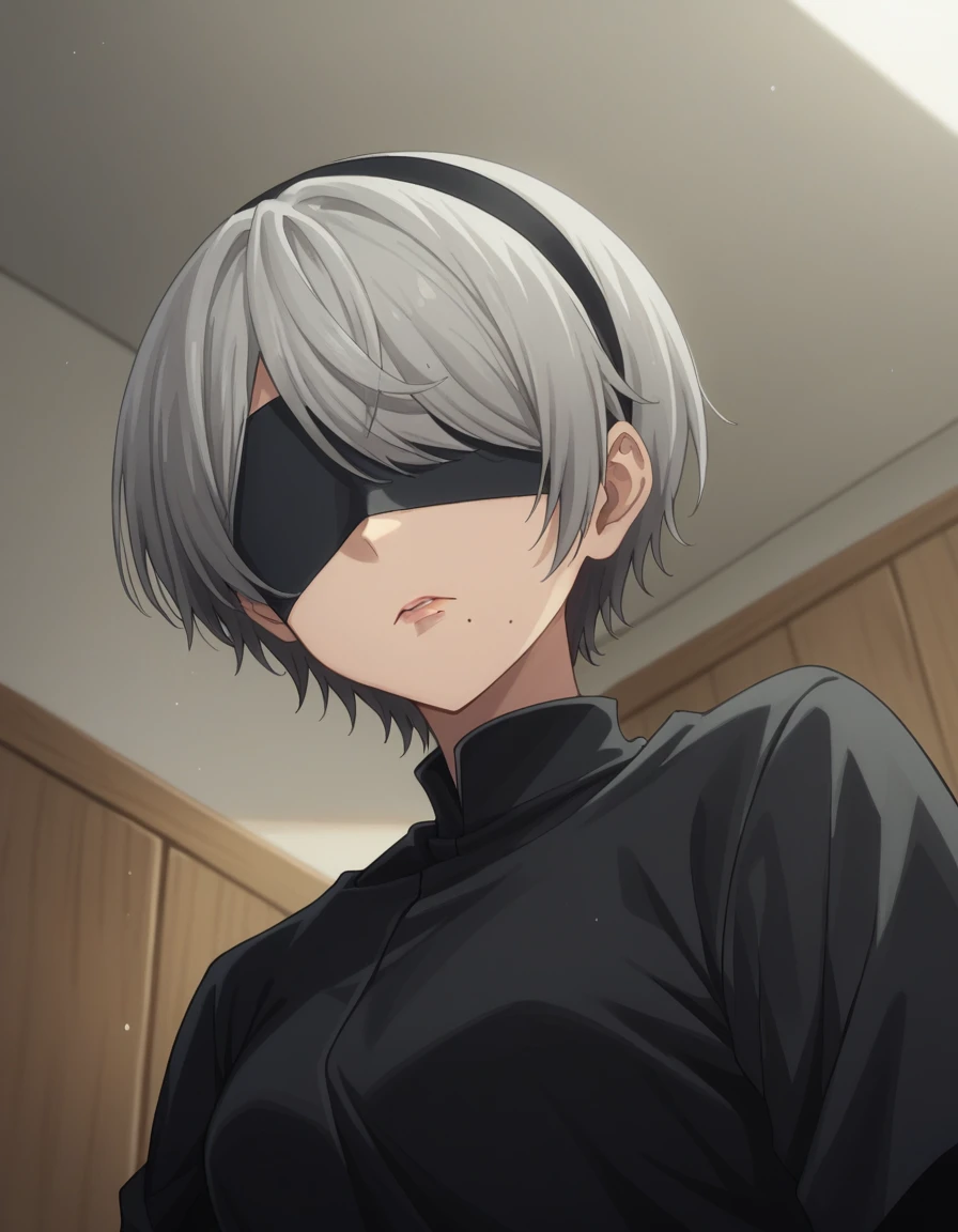 score_9, score_8_superior, score_7_superior, sauce_anime, 2b, 2b, Yoruhano. 2 Type B, short hair, Gray Hair, hair band, Mole, black hair band, Mole under mouth, Blindfold, eyes covered, black Blindfold,(pixel perfect, detail perfect), solo, one girl, nsfw, changing room, changing clothes, undressing, voyeur, expressionless,Room low angle(From below,underwear