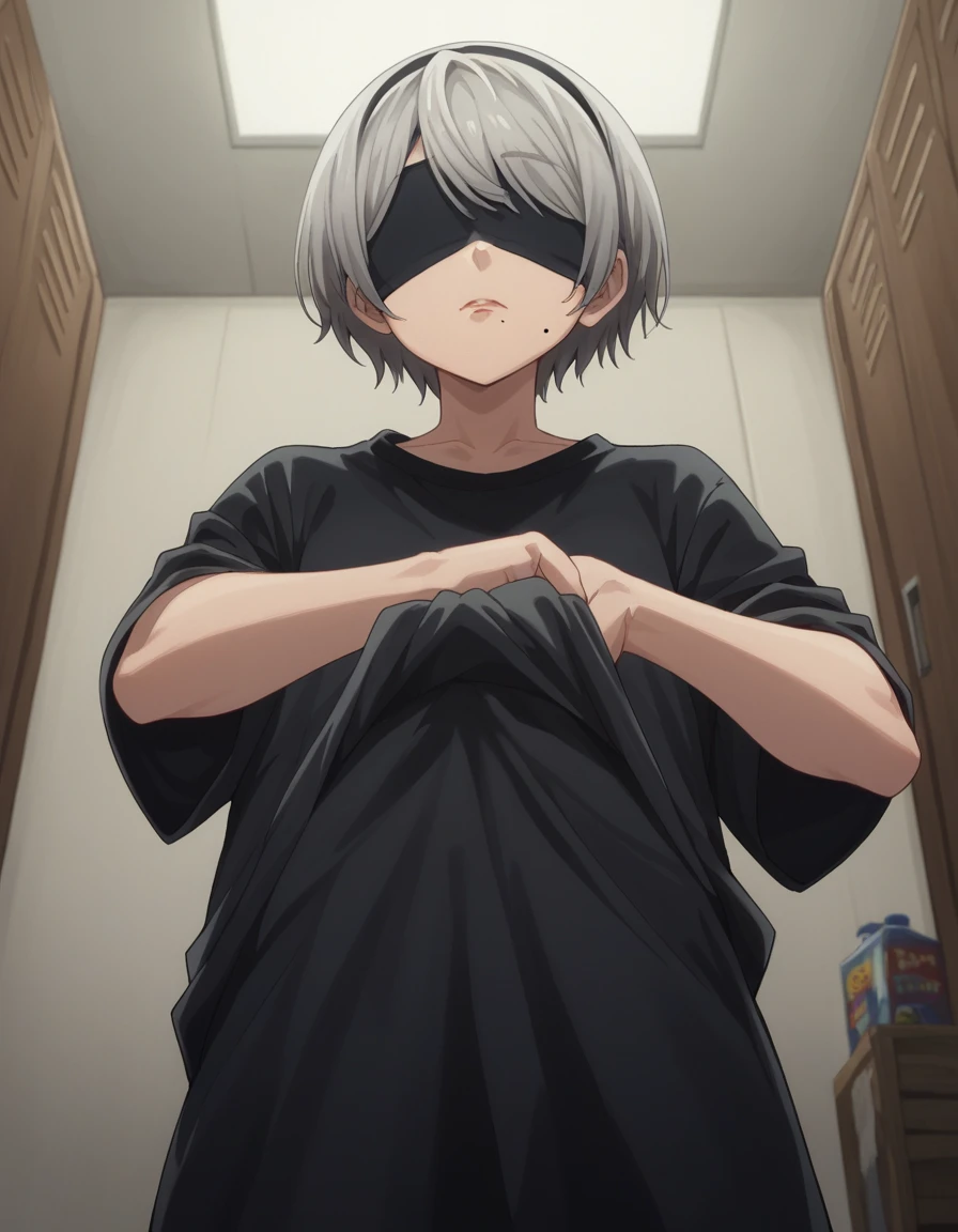 score_9, score_8_superior, score_7_superior, sauce_anime, 2b, 2b, Yoruhano. 2 Type B, short hair, Gray Hair, hair band, Mole, black hair band, Mole under mouth, Blindfold, eyes covered, black Blindfold,(pixel perfect, detail perfect), solo, one girl, nsfw, changing room, changing clothes, undressing, voyeur, expressionless,Room low angle(From below,underwear