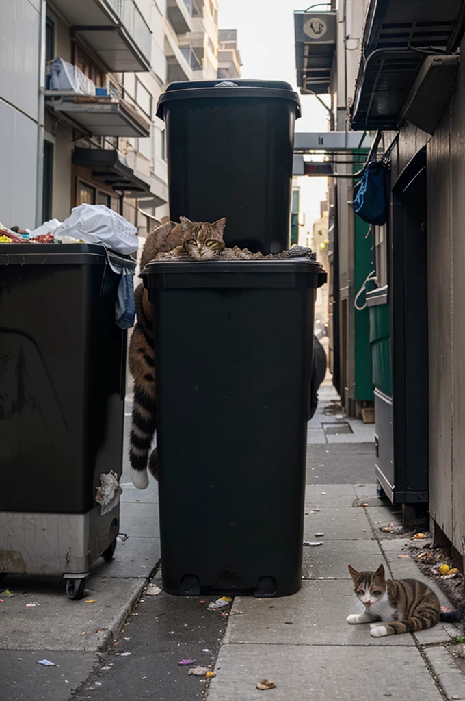 There's trash can on the street, and there's cat searching for food in that trash bin, then three cats approach it asked it for food